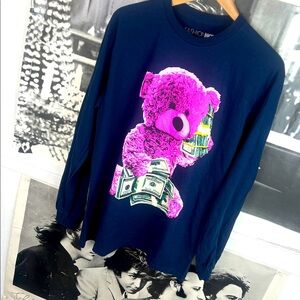 Money Bear Fashion Nova Long Sleeve blue navy Top Front Graphic   Sz. M